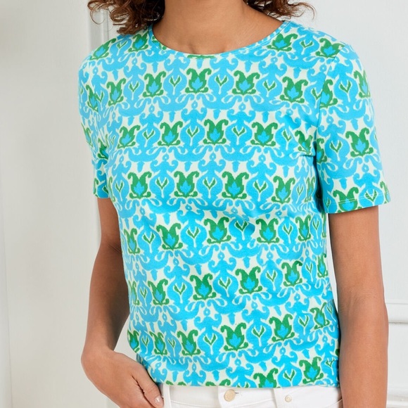 Talbots Tops - TALBOTS • NWT Crewneck Tee Ikat Medallion Print in Iced Mint/ Cyan Blue Size 1X
